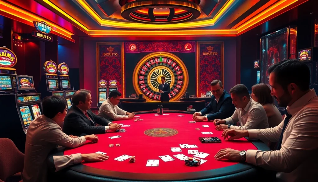 Experience the thrill of birutoto with an engaging casino scene featuring poker games, slot machines, and roulette.