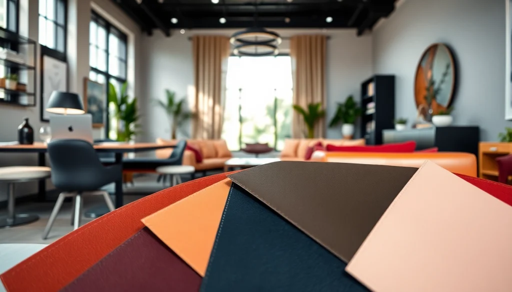 Ontdek het assortiment kunst leer in een stijlvolle setting met kleurrijke stalen.