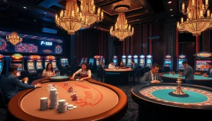 Experience the thrill of gaming with F168 in a luxurious casino setting featuring vibrant slot machines and poker tables.