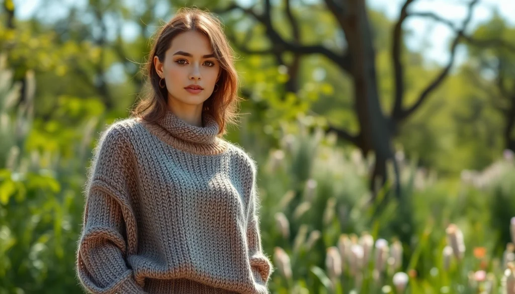 Showcasing sustainable fashion from https://www.ound-ound.com with handmade knitted designs in a natural setting.