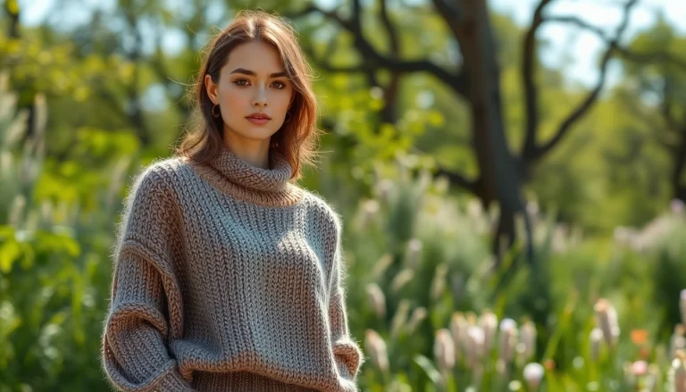 Showcasing sustainable fashion from https://www.ound-ound.com with handmade knitted designs in a natural setting.