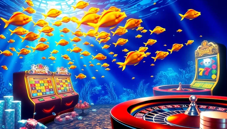 bắn cá đổi thưởng - Exciting online gambling scene with vibrant fish and casino elements