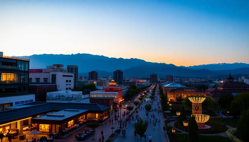 Experience the bustling Almaty streets at dusk, highlighting the charm of https://albmaftoh.com through vibrant city life.