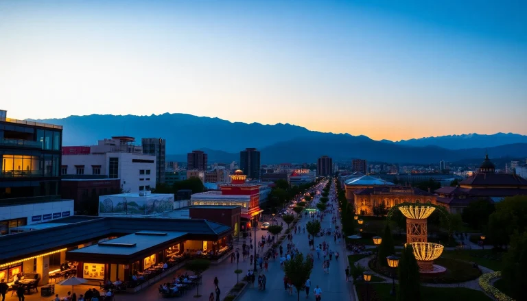 Experience the bustling Almaty streets at dusk, highlighting the charm of https://albmaftoh.com through vibrant city life.