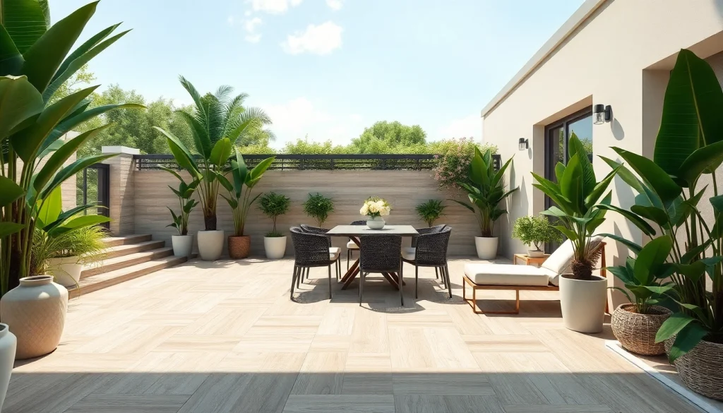 Carrelage extérieur élégant (dalles extérieures) sublimant une terrasse ensoleillée avec des textures naturelles et des tons terreux.