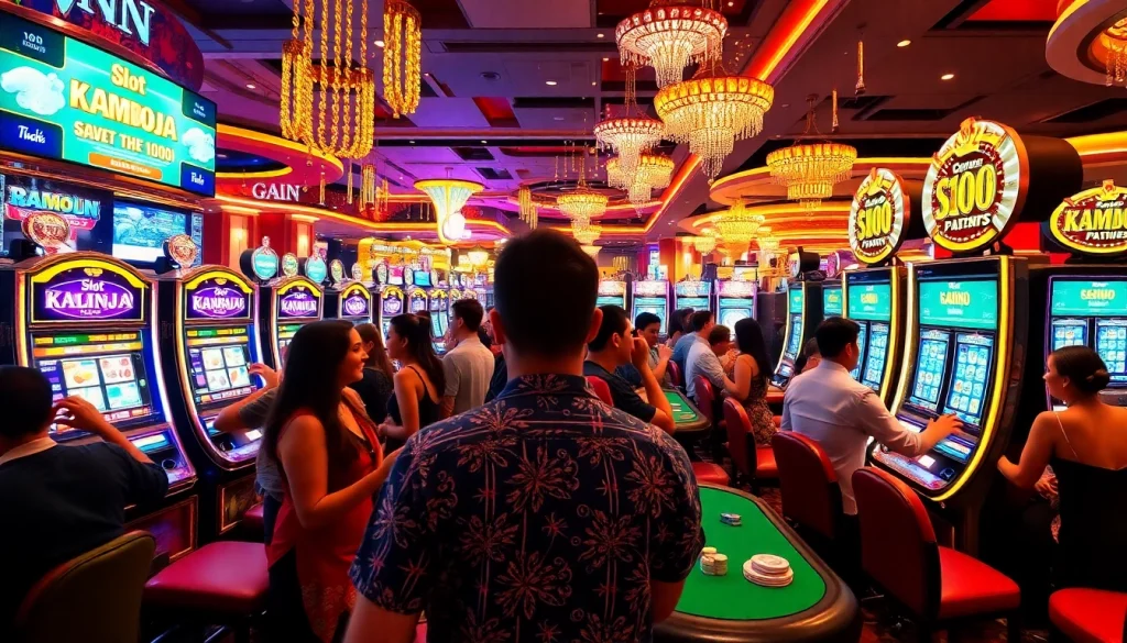 Players enjoying thrilling wins at slot kamboja bet 100 machines in a vibrant casino atmosphere.