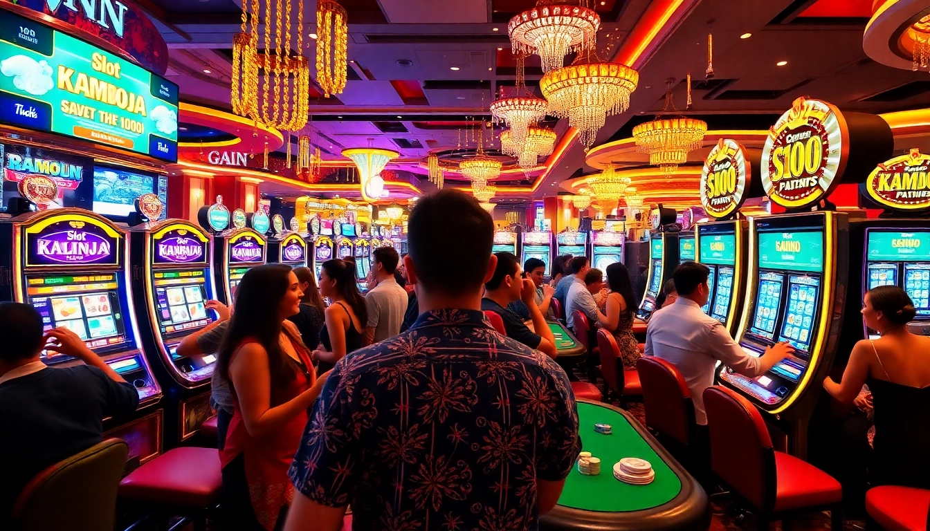 Players enjoying thrilling wins at slot kamboja bet 100 machines in a vibrant casino atmosphere.