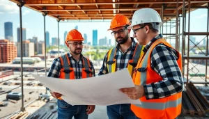 Builders discussing plans for Texas association of builders project on-site with tools and blueprints.
