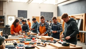 Students learning in a trade school in Tennessee, honing skills with tools in a workshop.