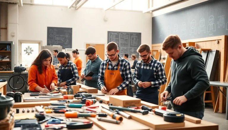 Students learning in a trade school in Tennessee, honing skills with tools in a workshop.