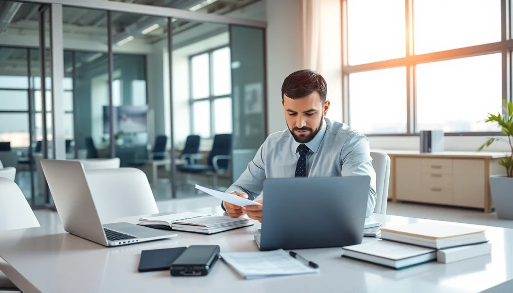 Scène professionnelle d'un traducteur assermenté arabe au travail, en train de traduire des documents.