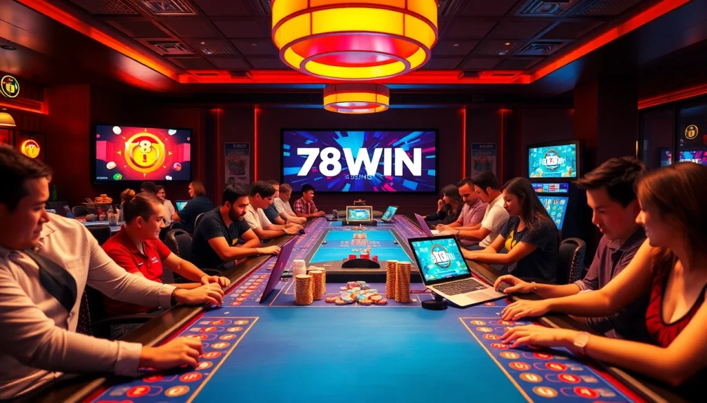 Exciting scene of 78WIN online casino, showcasing vibrant gaming atmosphere and interactive devices.
