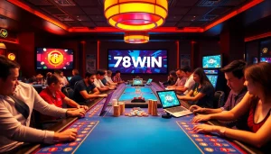 Exciting scene of 78WIN online casino, showcasing vibrant gaming atmosphere and interactive devices.