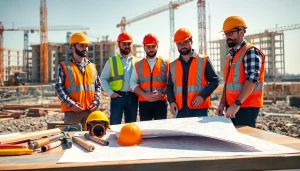 Construction workers collaborating on-site, showcasing diverse Careers in construction with tools and blueprints.