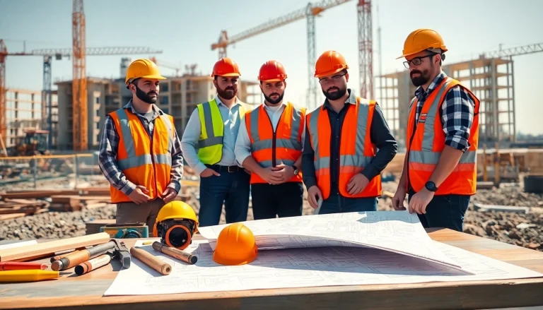 Construction workers collaborating on-site, showcasing diverse Careers in construction with tools and blueprints.