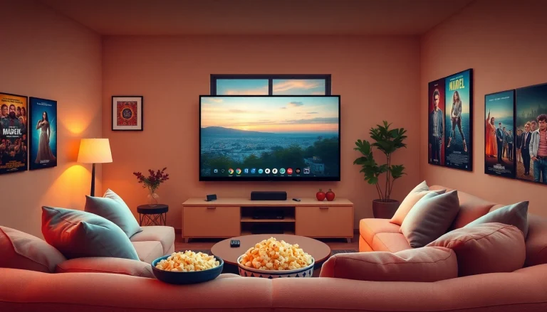 Enjoy a cozy movie night with filmes online, featuring a warm living room ambiance and a big screen.