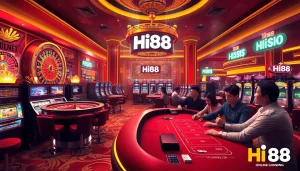 Players engaging in thrilling casino games at Hi88, showcasing a vibrant roulette wheel and slot machines.