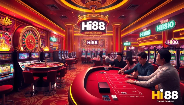Players engaging in thrilling casino games at Hi88, showcasing a vibrant roulette wheel and slot machines.