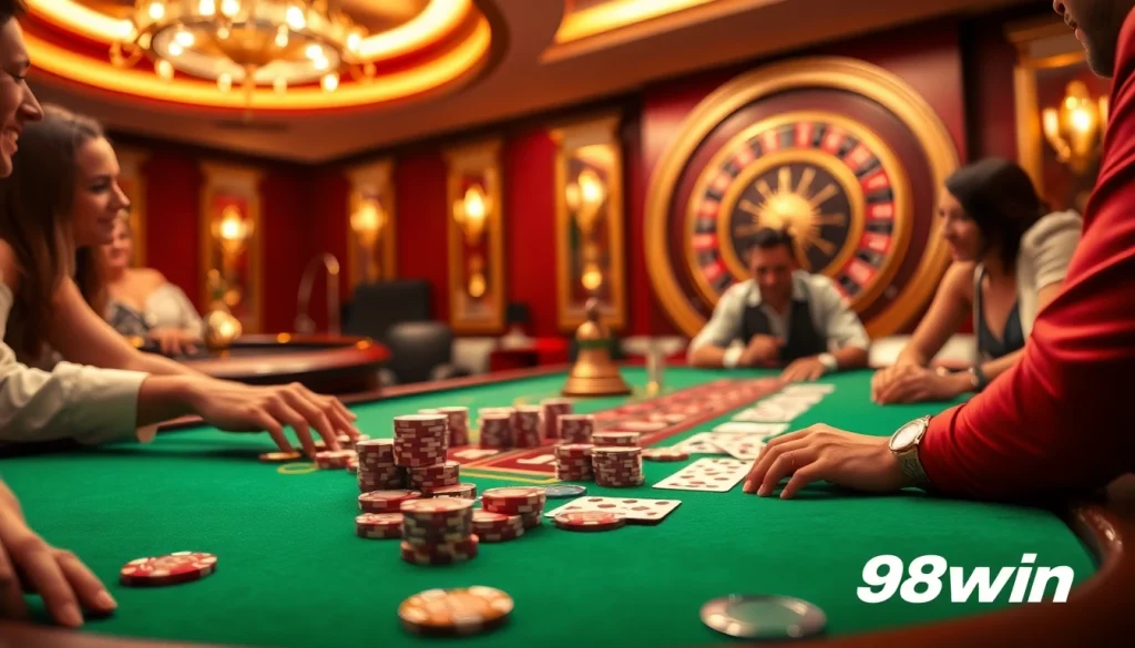 Players enjoying an exciting blackjack game at 98win's upscale casino table, showcasing luxury and thrill.