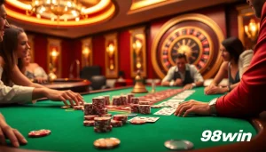 Players enjoying an exciting blackjack game at 98win's upscale casino table, showcasing luxury and thrill.