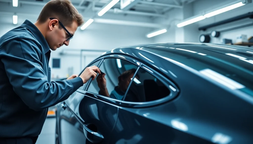 Enhance your ride with ceramic window tint applied by a skilled technician in a bright workshop.