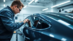 Enhance your ride with ceramic window tint applied by a skilled technician in a bright workshop.