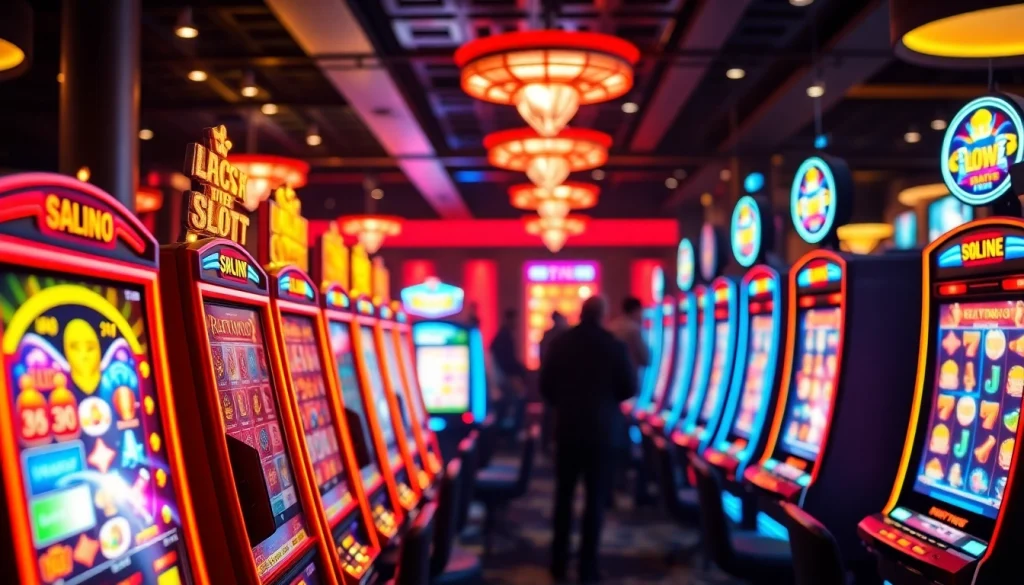 Menampilkan situs slot gacor dengan mesin slot berwarna-warni yang menarik perhatian di kasino modern.