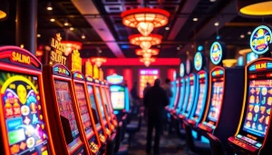 Menampilkan situs slot gacor dengan mesin slot berwarna-warni yang menarik perhatian di kasino modern.