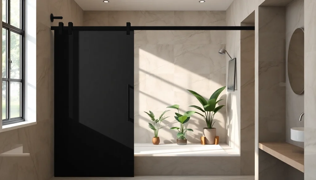 Stylish black shower sliding door in a modern bathroom design, showcasing elegance and sophistication.