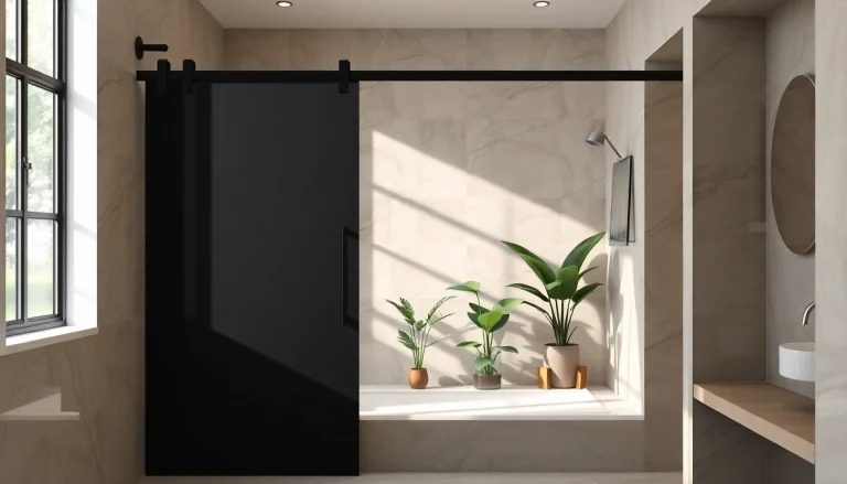 Stylish black shower sliding door in a modern bathroom design, showcasing elegance and sophistication.