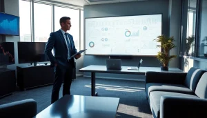 Visual representation of a crisis management consultant executing strategies in a modern office.