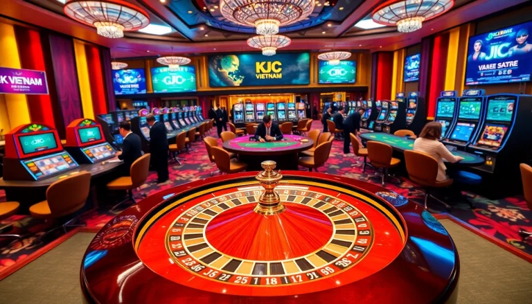 Revel in the excitement of KJC Vietnam's premium casino experience, featuring roulette, poker, and vibrant slot machines.