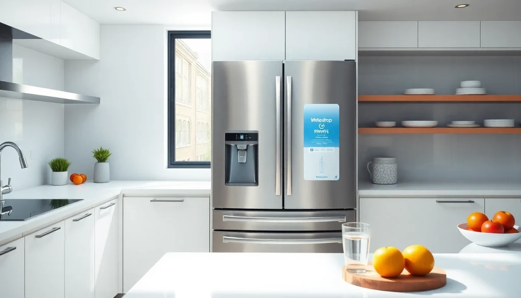 Waterdrop Replacement for GE® RPWFE® water filter showcased in a modern kitchen setting with fresh fruits and clear water.