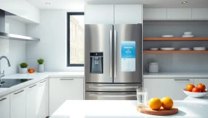 Waterdrop Replacement for GE® RPWFE® water filter showcased in a modern kitchen setting with fresh fruits and clear water.