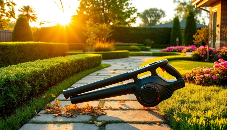 Electric leaf blower clearing leaves in a beautiful garden scene at sunset.