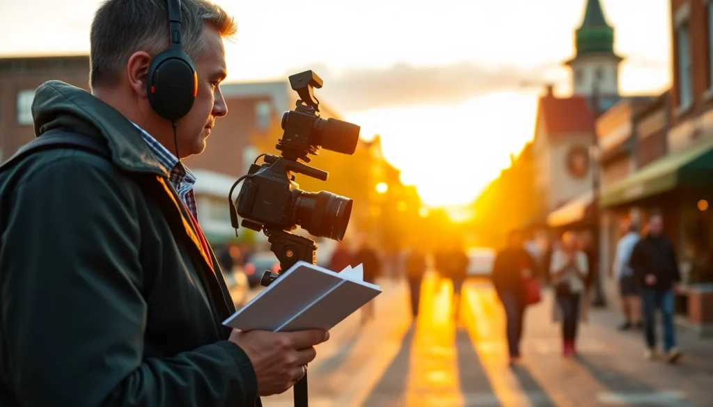 Capture a journalist in Batavia, NY while they report for https://www.thedailynewsonline.com amidst local landmarks.