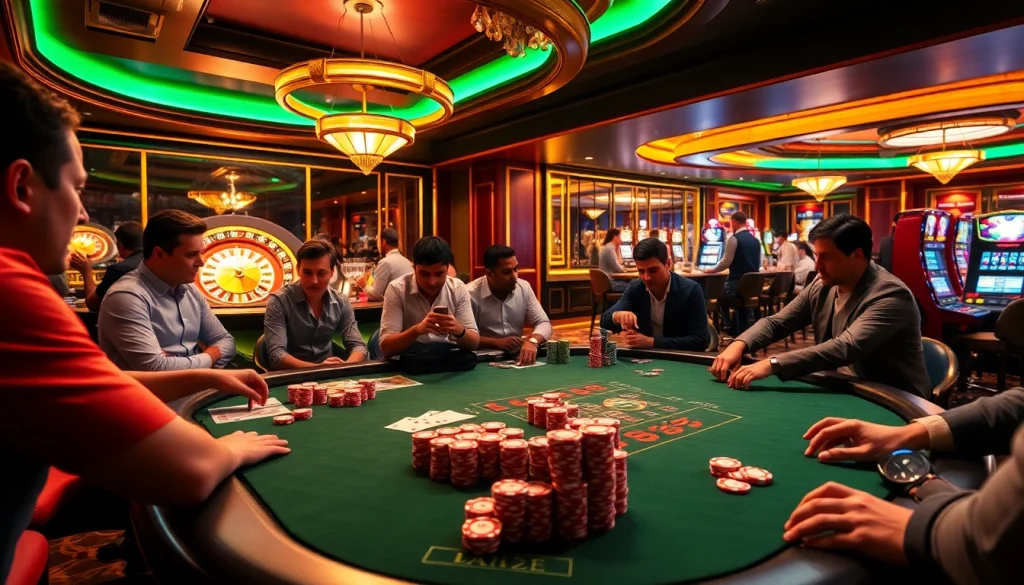 Players in a top club casino celebrating a thrilling poker hand with vibrant chips and cards.