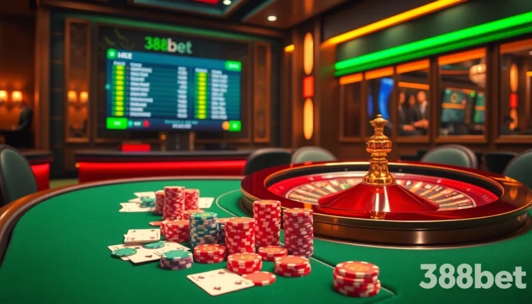 Experience thrilling gameplay with 388bet at an elegant casino table featuring poker cards and chips.