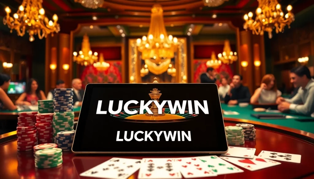 Engaging scene of LUCKYWIN casino with roulette, poker chips, and online gambling interface
