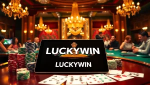 Engaging scene of LUCKYWIN casino with roulette, poker chips, and online gambling interface