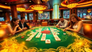 Players enjoying Mahjong Ways 2 slot game with vibrant tiles and casino chips.