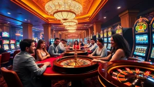 Engaged players enjoying an exciting game at Haywin casino with vibrant tables and slot machines.