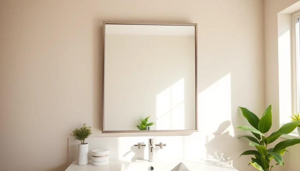 Reflect a modern elegant bathroom mirror with a sleek design over a stylish vanity.