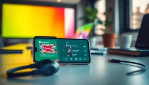 Smartphone showcasing the Spotify mod interface with vibrant playlists.