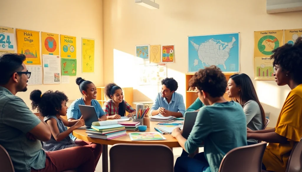Engaging classroom scene focused on education equity and innovation, with diverse students collaborating.