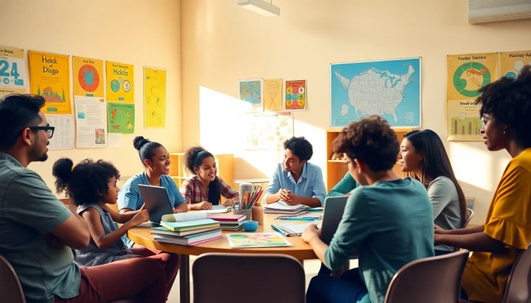 Engaging classroom scene focused on education equity and innovation, with diverse students collaborating.