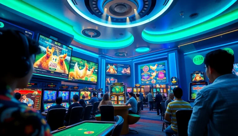 Exciting gaming atmosphere showcasing BJ38 chicken fights and online casino experience.