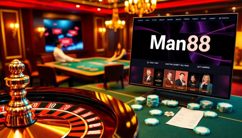 Engaging players at a luxurious Man88 online casino with roulette and poker elements.