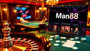 Engaging players at a luxurious Man88 online casino with roulette and poker elements.