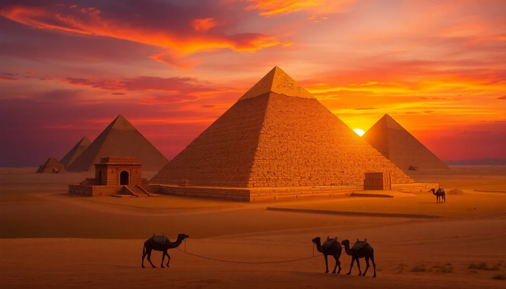 Explore the majestic piraminds of Egypt illuminated by a stunning sunset backdrop.